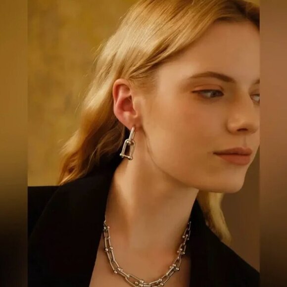 Gold Silver Simple U-Shaped Chain Earrings - Picture 5 of 8